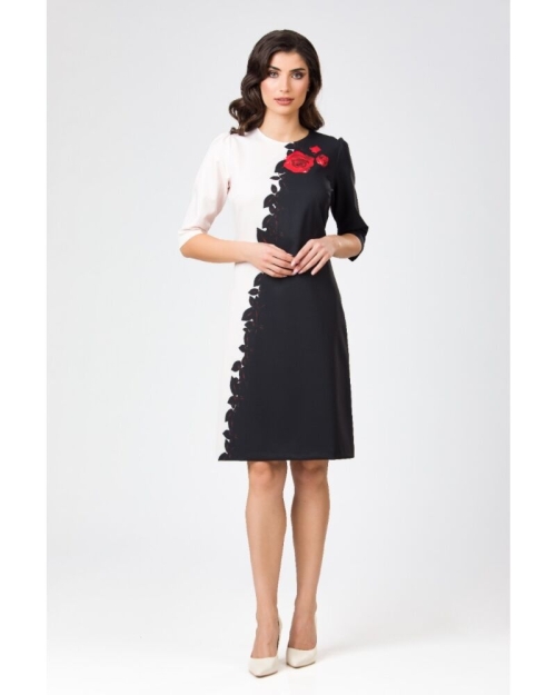 Rochie casual in doua culori imprimata trandafiri - Img 1