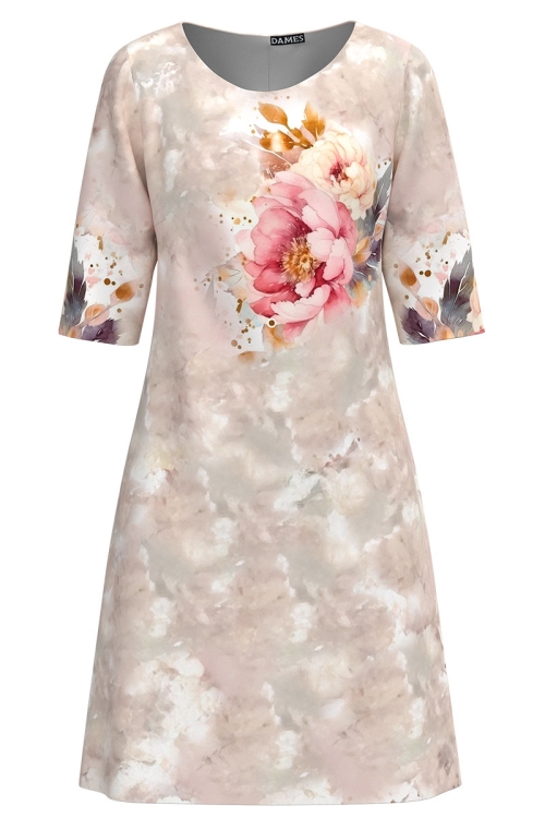 Rochie casual in nuante de bej imprimata bujori