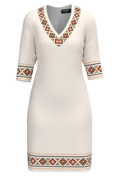Rochie casual ivory cu decolteu in V imprimata traditional