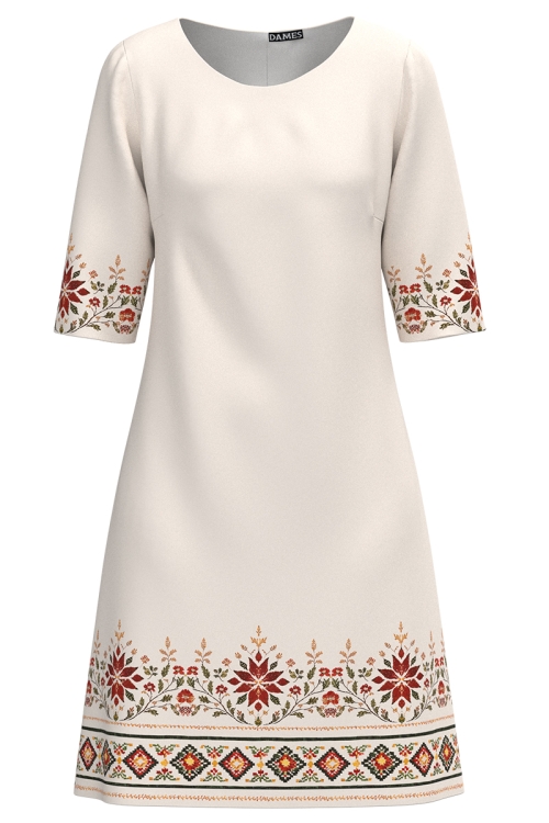 Rochie casual ivory cu motive traditionale florale