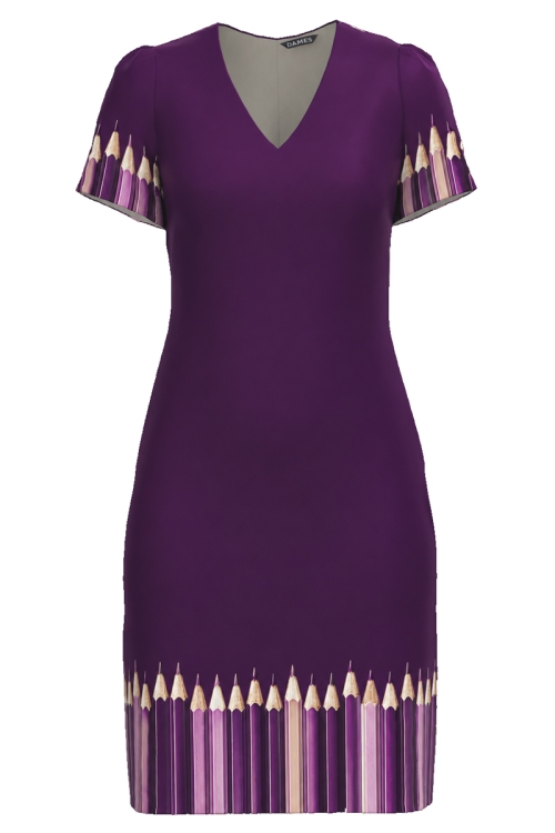Rochie casual mov cu decolteu in V imprimata Creioane colorate