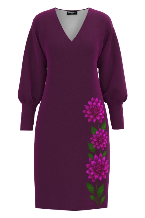 Rochie casual mov pruna din catifea imprimata cu model floral