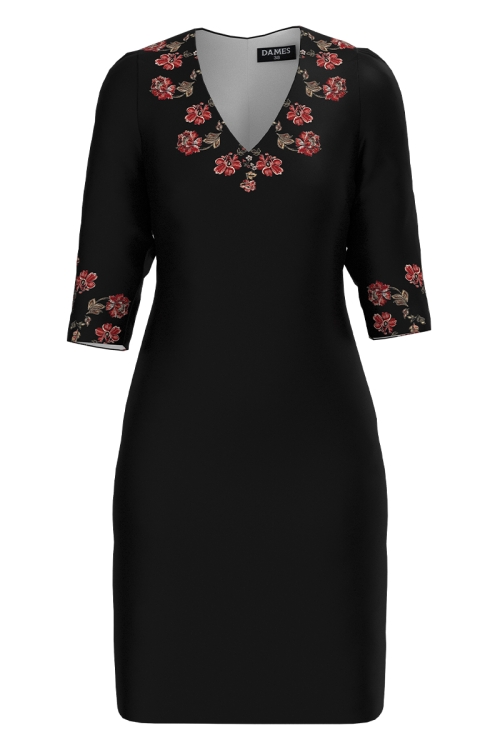 Rochie casual neagra cu decolteu in V imprimata cu model etnic floral SS25