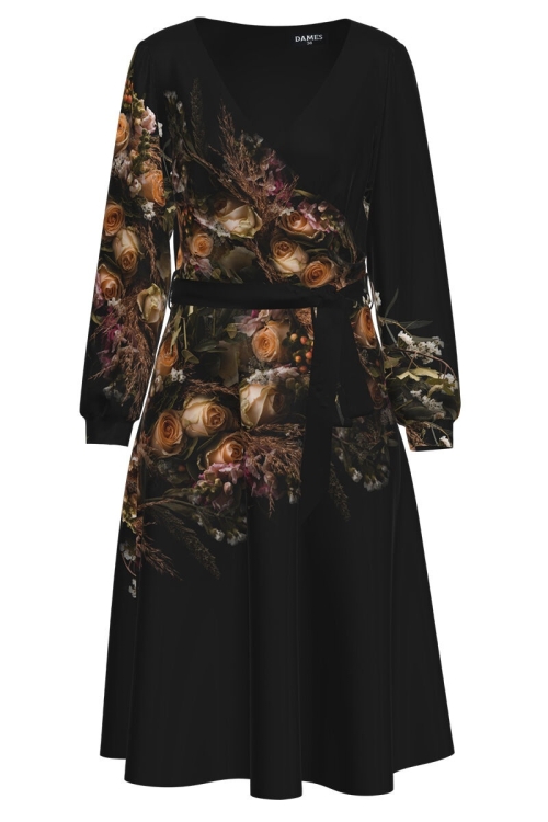 Rochie casual neagra cu maneca lunga imprimata Trandafiri CMD1654 - Img 2