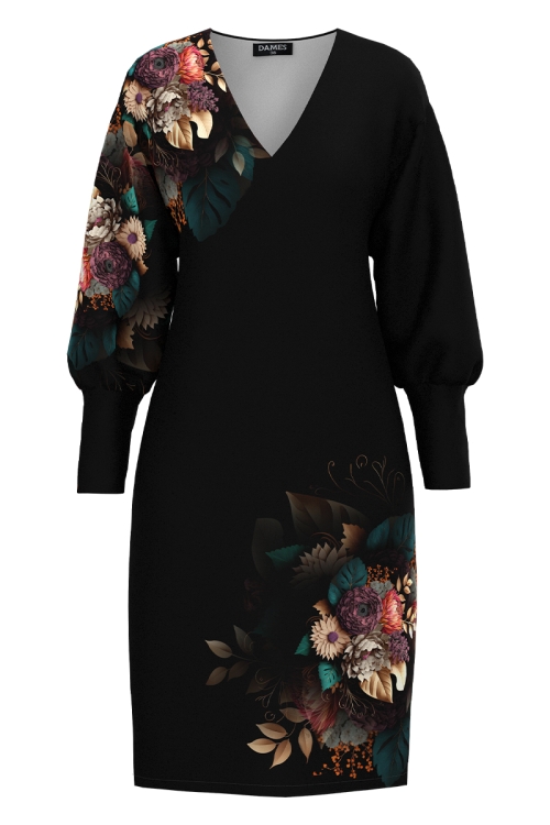 Rochie casual neagra din catifea imprimata floral SS25