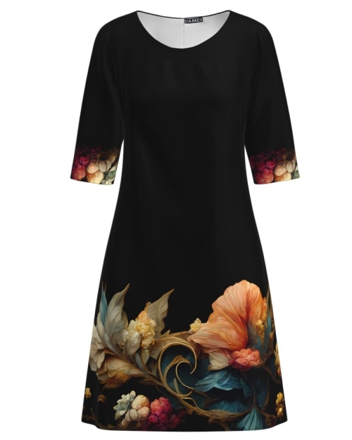 Rochie casual neagra imprimata cu model floral CMD3251
