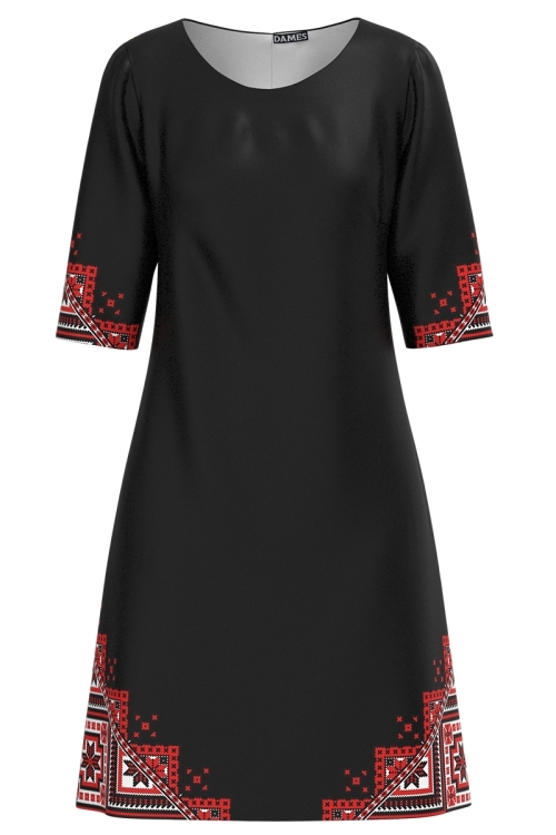 Rochie casual neagra imprimata cu model traditional rosu