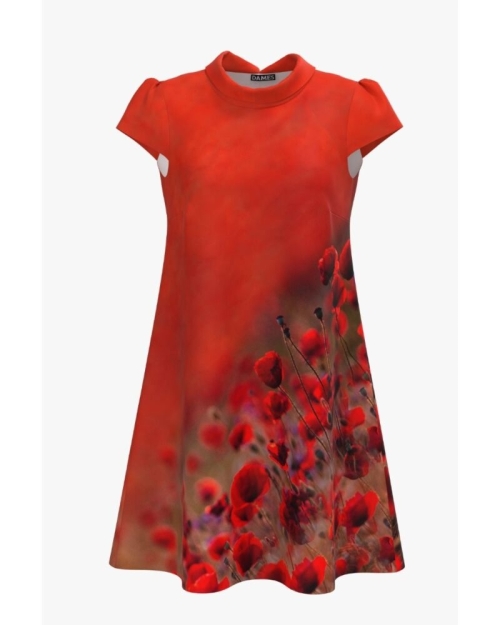 Rochie casual rosu corai imprimata digital cu model Maci CMD916 - Img 1