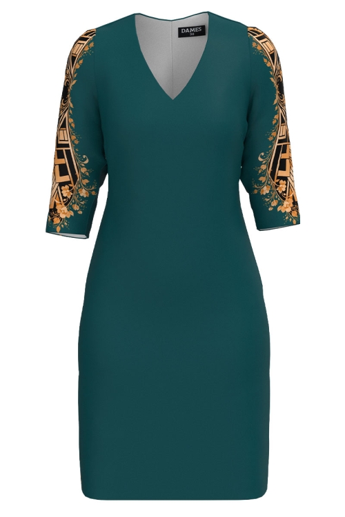 Rochie casual verde marin cu decolteu in V imprimata floral