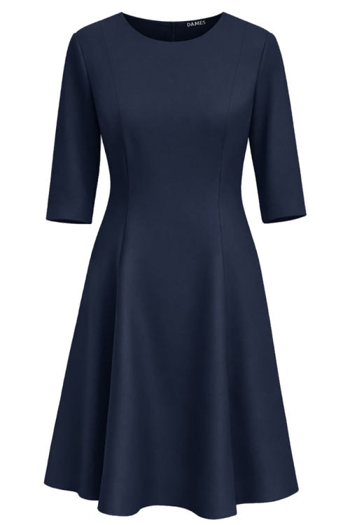 Rochie clos bleumarin in clini cu buzunare si maneci trei sferturi Stoc