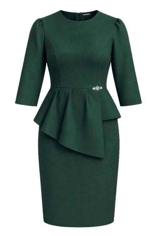 Rochie conica din stofa verde Valeria cu volan asimetric si accesoriu decorativ