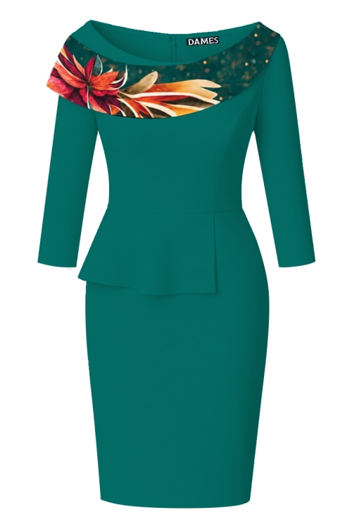 Rochie conica turcoaz cu volan si detaliu floral