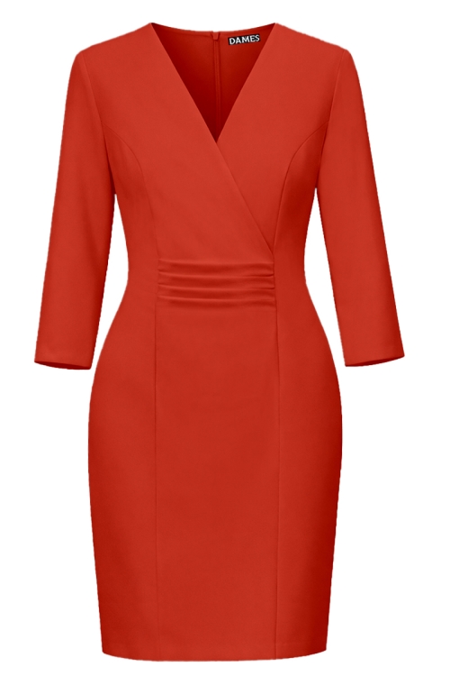 Rochie corai cu bust petrecut si pliuri in talie