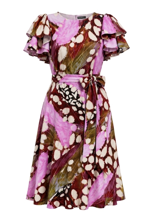 Rochie de vara cu volane la maneci si imprimeu abstract cu accente roz