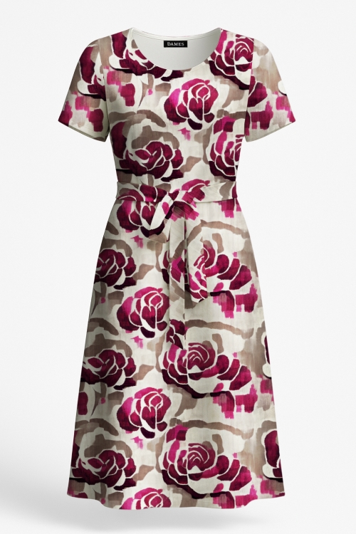 Rochie din crepe casual de vara cu buzunare imprimata trandafiri aprinsi