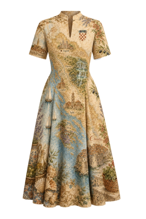Rochie din in clos cu guler inalt si decolteu in V Cartoline Croatia