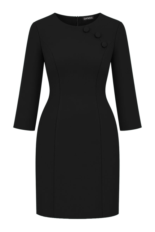Rochie dreapta neagra cu maneca lunga si nasturi decorativi