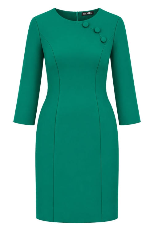 Rochie dreapta verde cu maneca lunga si nasturi decorativi