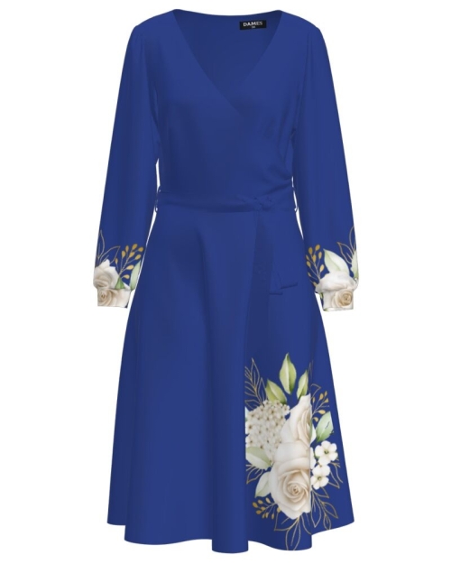 Rochie eleganta albastra cu maneca lunga imprimata cu model Floral CMD2300 - Img 1