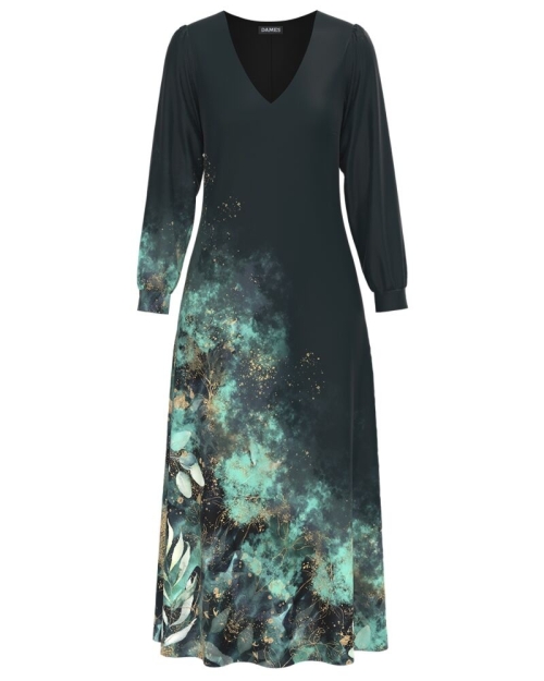 Rochie eleganta antracit cu maneca lunga si imprimeu Floral CMD1340 - Img 1