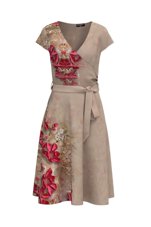 Rochie eleganta bej de vara cu maneca scurta si imprimeu Floral CMD851 - Img 2