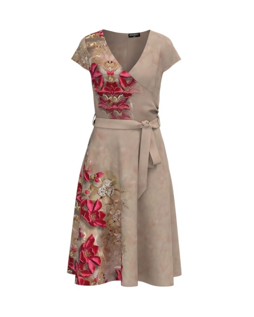 Rochie eleganta bej de vara cu maneca scurta si imprimeu Floral CMD851 - Img 1