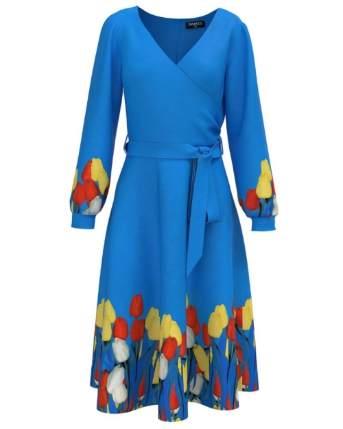 Rochie eleganta bleu cu maneca lunga imprimata Lalele