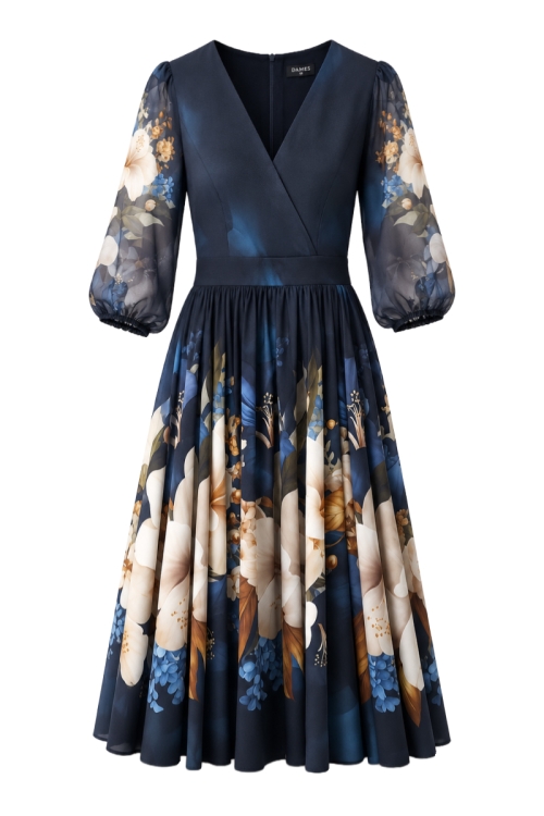 Rochie eleganta bleumarin cu imprimeu floral si maneci bufante din organza