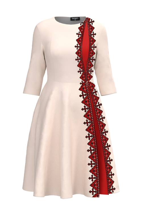 Rochie eleganta clos ivory cu sectiune traditionala in contrast
