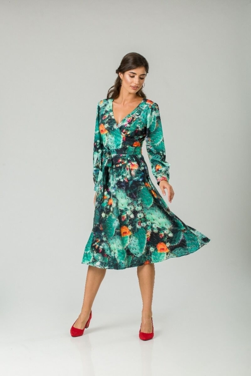 Rochie eleganta cu maneca lunga imprimata Flori de cactus CMD228 - Img 7