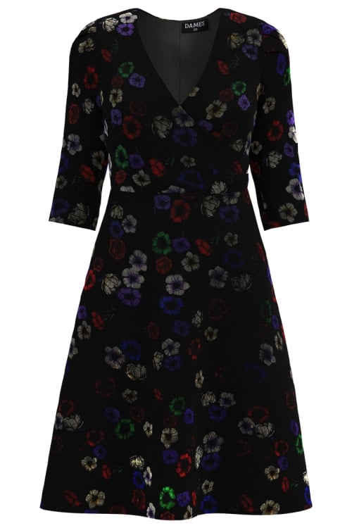 Rochie eleganta din catifea naturala neagra cu flori multicolore SS25