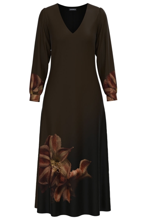 Rochie eleganta maro cu maneca lunga si imprimeu Floral CMD1330
