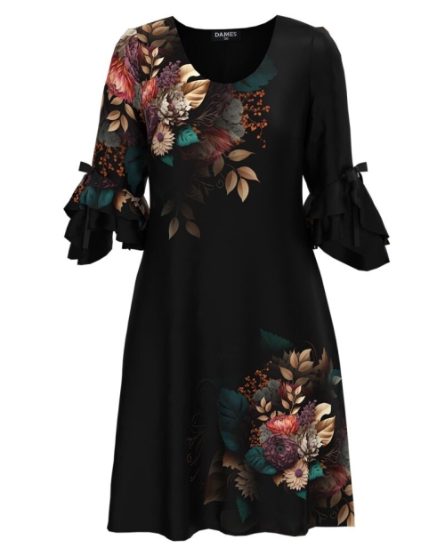 Rochie eleganta neagra cu imprimeu floral si maneci trei sferturi cu volane