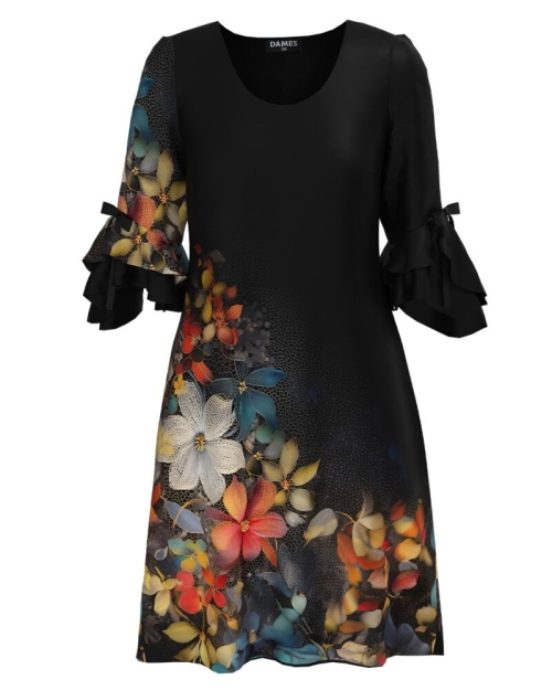 Rochie eleganta neagra cu un imprimeu floral si maneci trei sferturi cu volane