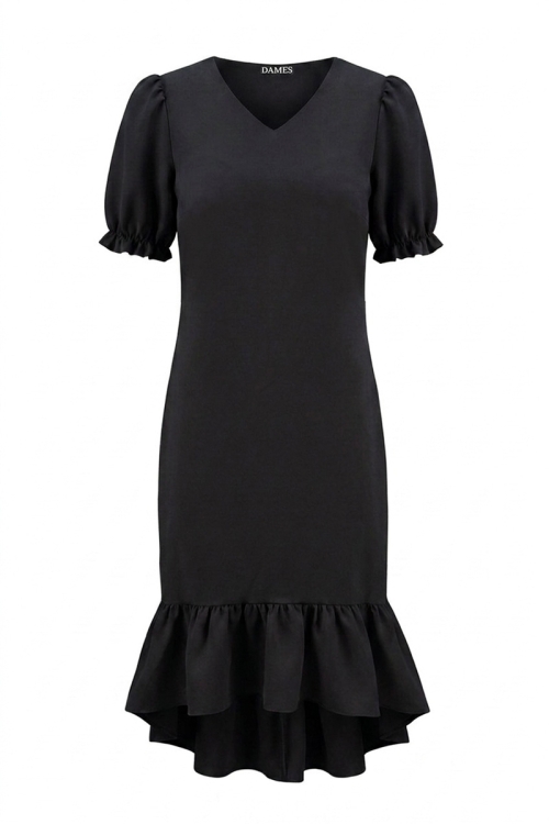 Rochie eleganta neagra cu volan asimetric la terminatie