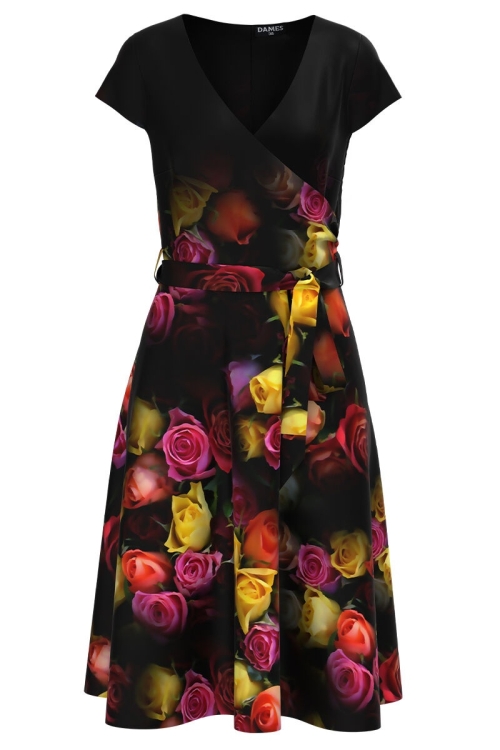 Rochie eleganta neagra de vara cu maneca scurta si imprimeu Trandafiri CMD807 - Img 2