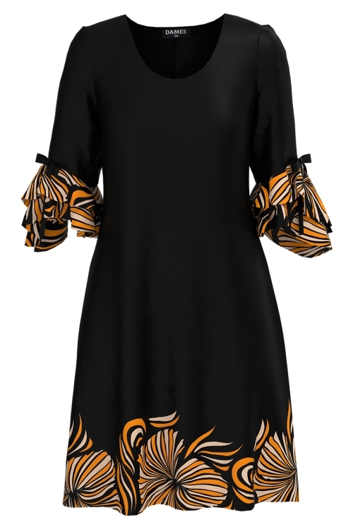 Rochie eleganta negra cu maneci trei sferturi decorate cu volane florale