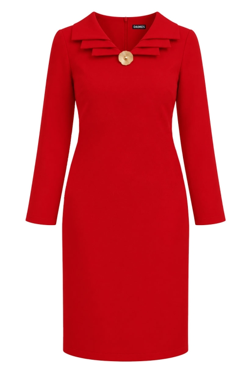 Rochie eleganta rosie cu revere suprapuse si accesoriu decorativ