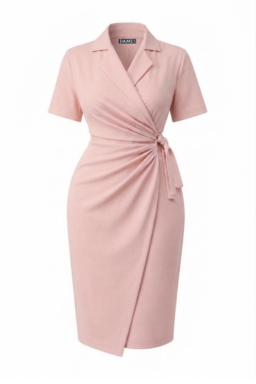 Rochie eleganta roz parte peste parte cu maneca scurta