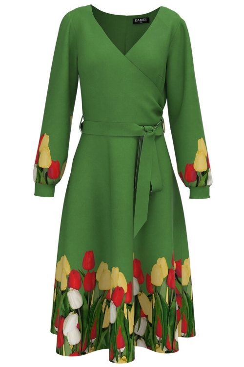 Rochie eleganta verde cu maneca lunga imprimata Lalele CMD2490 - Img 2