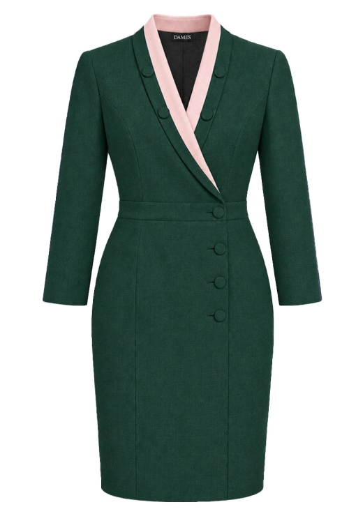 Rochie eleganta verde din stofa fina Valeria cu guler sal contrastant