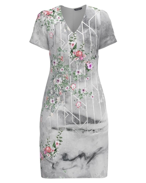 Rochie gri casual cu decolteu in V imprimata Floral CMD4423 - Img 1