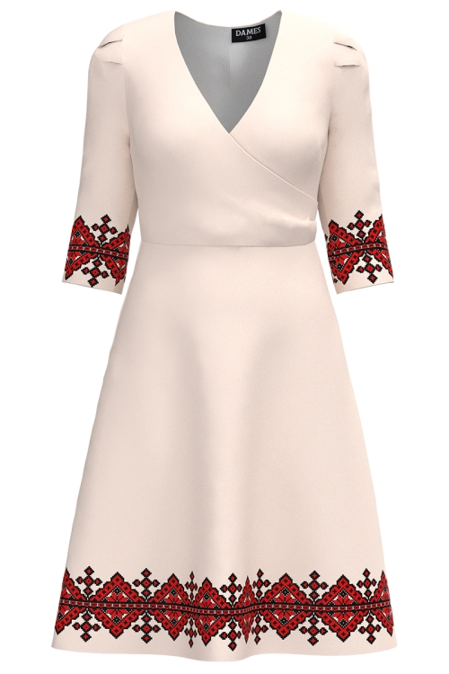 Rochie ivory eleganta cu bust petrecut imprimata traditional