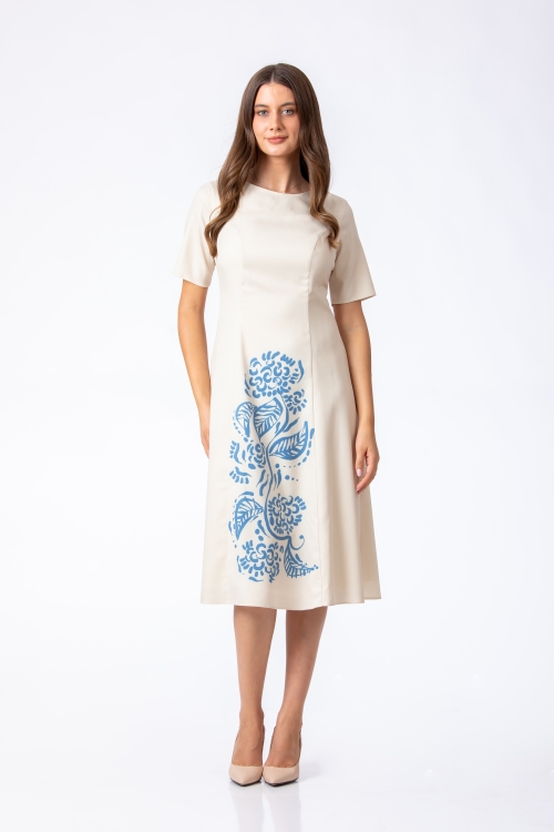 Rochie ivory eleganta in clini din crepe cu imprimeu Flori Art by Iulian COPACEL - Img 3
