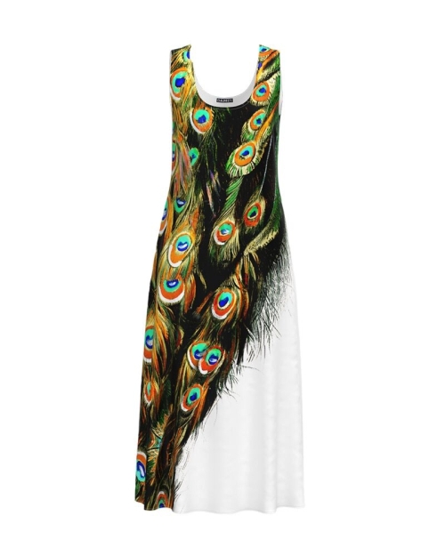 Rochie lunga casual de vara cu buzunare, multicolora imprimata cu model paun CMD805 - Img 10