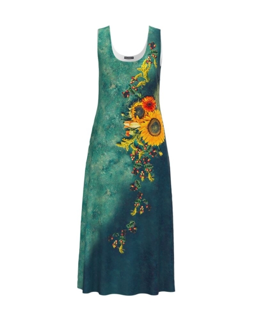 Rochie lunga casual de vara cu buzunare,verde imprimata cu model Floarea soarelui CMD802 - Img 10