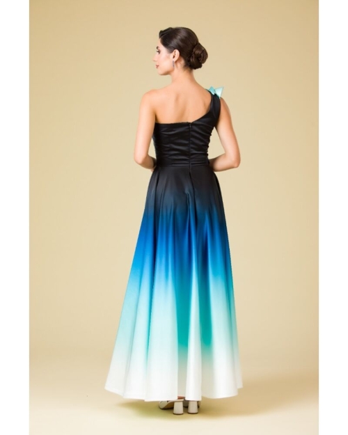 Rochie lunga eleganta din satin imprimat albastru in degrade cu detalii pe bust - Img 7