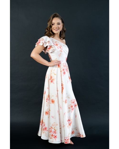 Rochie lunga eleganta din satin imprimat cu detaliu pe umar CMD4246 - Img 3