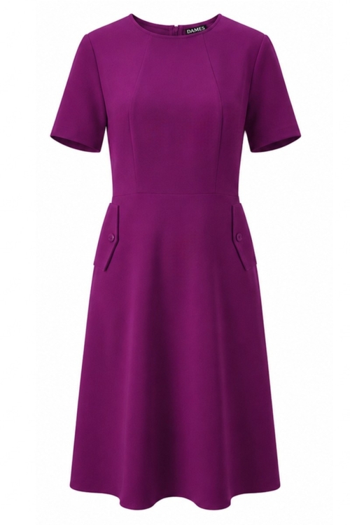 Rochie magenta cu buzunare cu clapa si decolteu rotund