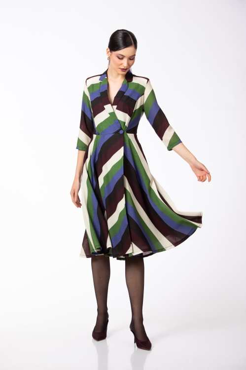 Rochie multicolora tip pardesiu cu buzunare - Img 2